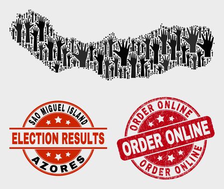 Election Sao Miguel Island map and stamps. Red round Order Online textured seal stamp. Black Sao Miguel Island map mosaic of upwards referendum arms. Vector collage for election results,のイラスト素材