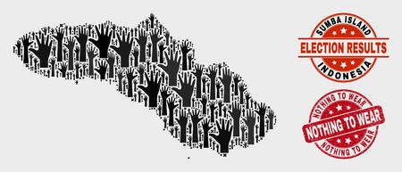 Electoral Sumba Island map and seal stamps. Red round Nothing to Wear grunge seal stamp. Black Sumba Island map mosaic of raised support arms. Vector collage for referendum results,のイラスト素材