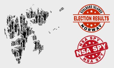 Democracy Svalbard Islands map and seal stamps. Red round NSA Spy scratched seal stamp. Black Svalbard Islands map mosaic of raised decision hands. Vector collage for ballot results,のイラスト素材