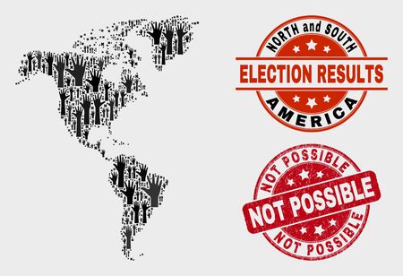 Political South and North America map and seal stamps. Red rounded Not Possible grunge seal. Black South and North America map mosaic of upwards referendum arms.のイラスト素材