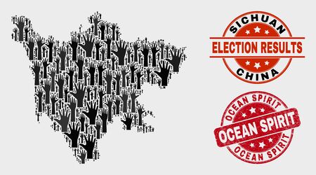 Political Sichuan Province map and seal stamps. Red round Ocean Spirit scratched seal. Black Sichuan Province map mosaic of raised decision arms. Vector collage for referendum results,のイラスト素材