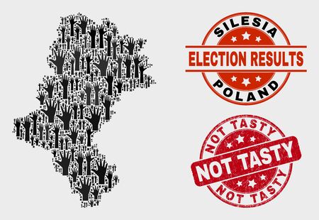 Political Silesian Voivodeship map and seal stamps. Red round Not Tasty grunge stamp. Black Silesian Voivodeship map mosaic of upwards ballot hands. Vector combination for ballot results,のイラスト素材