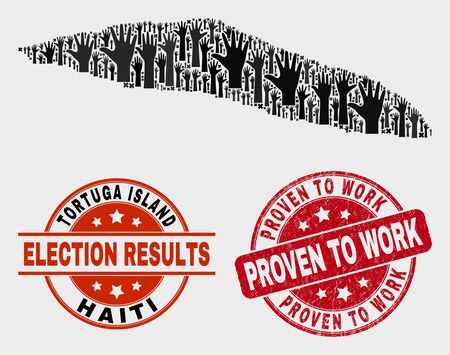 Ballot Tortuga Island of Haiti map and stamps. Red round Proven to Work grunge seal stamp. Black Tortuga Island of Haiti map mosaic of upwards solution arms. Vector collage for election results,のイラスト素材