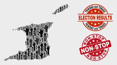 Political Trinidad and Tobago map and seal stamps. Red rounded Non-Stop grunge seal stamp. Black Trinidad and Tobago map mosaic of upwards choice arms. Vector composition for ballot results,のイラスト素材