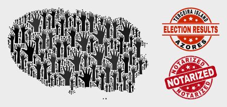 Political Terceira Island map and seal stamps. Red rounded Notarized distress stamp. Black Terceira Island map mosaic of raised agree arms. Vector combination for election results,のイラスト素材