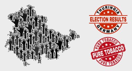 Patriotic Thuringia Land map and seal stamps. Red rounded Pure Tobacco scratched seal stamp. Black Thuringia Land map mosaic of raised ballot hands. Vector composition for ballot results,のイラスト素材