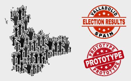 Vote Valladolid Province map and stamps. Red round Prototype grunge seal stamp. Black Valladolid Province map mosaic of raised up raising hands. Vector composition for referendum results,のイラスト素材