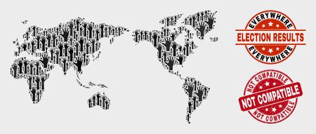 Political world map and seal stamps. Red rounded Not Compatible textured seal stamp. Black world map mosaic of raised up agree arms. Vector combination for election results,のイラスト素材
