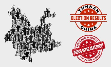 Election Yunnan Province map and seal stamps. Red round Public Offer Agreement scratched seal stamp. Black Yunnan Province map mosaic of raised up referendum hands.のイラスト素材