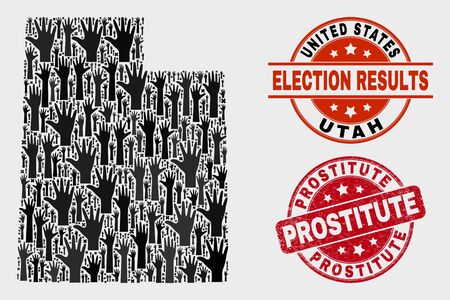 Vote Utah State map and seal stamps. Red rounded Prostitute grunge seal. Black Utah State map mosaic of upwards voting arms. Vector composition for referendum results, with Prostitute imprint.のイラスト素材