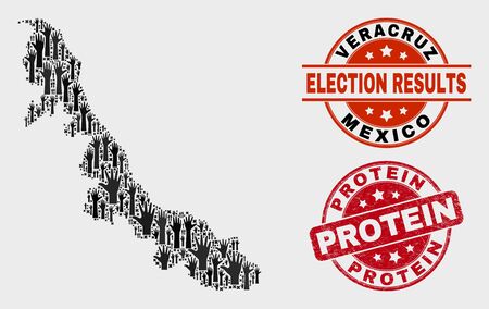Election Veracruz State map and stamps. Red rounded Protein grunge stamp. Black Veracruz State map mosaic of raised election arms. Vector composition for referendum results, with Protein seal stamp.のイラスト素材