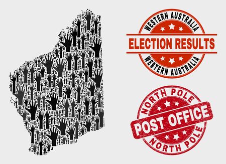 Electoral Western Australia map and watermarks. Red rounded North Pole Post Office distress stamp. Black Western Australia map mosaic of upwards electoral arms. Vector composition for ballot results,のイラスト素材
