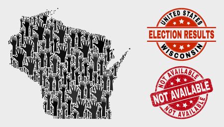 Vote Wisconsin State map and seal stamps. Red rounded Not Available textured seal. Black Wisconsin State map mosaic of raised up vote hands. Vector collage for election results,のイラスト素材