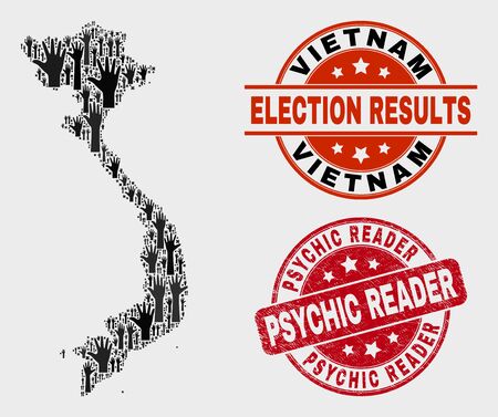 Election Vietnam map and watermarks. Red rounded Psychic Reader scratched seal. Black Vietnam map mosaic of upwards volunteer hands. Vector combination for election results,のイラスト素材