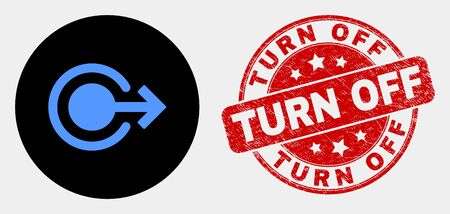 Rounded logout icon and Turn Off seal. Red rounded distress stamp with Turn Off text. Blue logout icon on black circle. Vector combination for logout in flat style.のイラスト素材