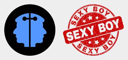 Rounded dual head link icon and Sexy Boy seal. Red rounded grunge stamp with Sexy Boy caption. Blue dual head link icon on black circle. Vector composition for dual head link in flat style.のイラスト素材