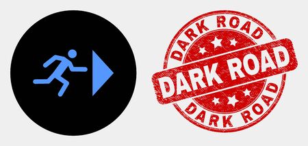 Rounded exit person icon and Dark Road watermark. Red rounded grunge watermark with Dark Road text. Blue exit person icon on black circle. Vector combination for exit person in flat style.のイラスト素材