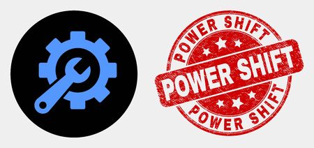 Rounded service tools icon and Power Shift seal stamp. Red rounded grunge seal stamp with Power Shift caption. Blue service tools icon on black circle.のイラスト素材