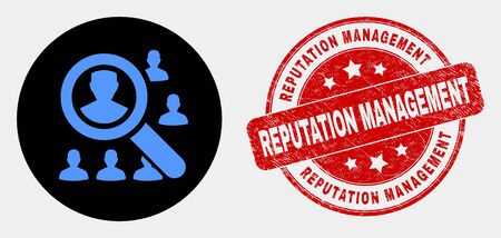 Rounded search users icon and Reputation Management stamp. Red rounded textured watermark with Reputation Management caption. Blue search users icon on black circle.のイラスト素材
