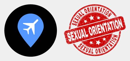 Rounded airport map marker pictogram and Sexual Orientation seal stamp. Red rounded distress seal stamp with Sexual Orientation caption. Blue airport map marker symbol on black circle.のイラスト素材