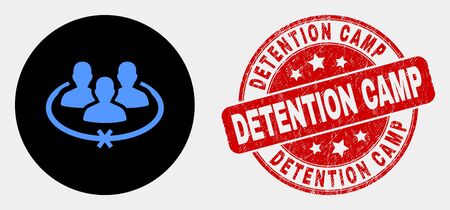 Rounded jailed persons icon and Detention Camp stamp. Red rounded scratched seal stamp with Detention Camp text. Blue jailed persons icon on black circle.のイラスト素材