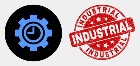 Rounded clock settings gear icon and Industrial stamp. Red rounded distress stamp with Industrial text. Blue clock settings gear symbol on black circle.のイラスト素材