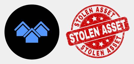Rounded houses icon and Stolen Asset seal. Red rounded textured seal with Stolen Asset text. Blue houses icon on black circle. Vector composition for houses in flat style.のイラスト素材