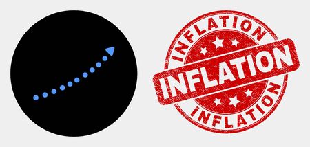 Rounded dotted up trend arrow icon and Inflation stamp. Red rounded textured seal stamp with Inflation caption. Blue dotted up trend arrow symbol on black circle.のイラスト素材
