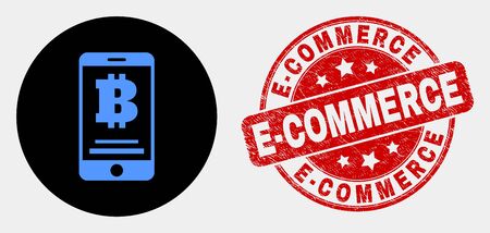 Rounded bitcoin mobile account icon and E-Commerce seal stamp. Red rounded scratched stamp with E-Commerce caption. Blue bitcoin mobile account symbol on black circle.のイラスト素材