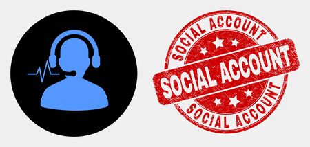 Rounded operator signal icon and Social Account seal stamp. Red rounded distress seal stamp with Social Account text. Blue operator signal icon on black circle.のイラスト素材
