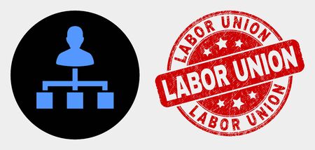 Rounded user links icon and Labor Union stamp. Red round textured seal stamp with Labor Union caption. Blue user links icon on black circle. Vector combination for user links in flat style.のイラスト素材