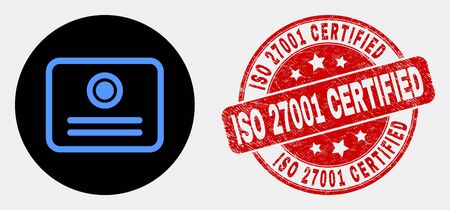 Rounded certificate pictogram and ISO 27001 Certified seal stamp. Red rounded scratched seal stamp with ISO 27001 Certified text. Blue certificate icon on black circle.のイラスト素材