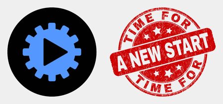 Rounded start gear automation icon and Time for a New Start seal stamp. Red rounded scratched seal stamp with Time for a New Start text. Blue start gear automation symbol on black circle.のイラスト素材