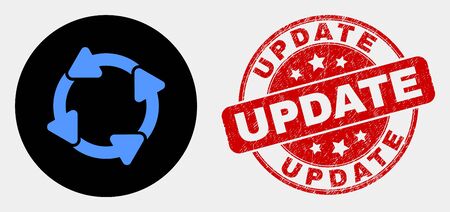 Rounded circulation arrows icon and Update seal stamp. Red rounded scratched seal with Update caption. Blue circulation arrows icon on black circle.のイラスト素材