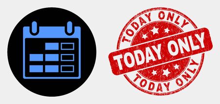 Rounded calendar page icon and Today Only seal stamp. Red rounded distress seal stamp with Today Only caption. Blue calendar page icon on black circle.のイラスト素材