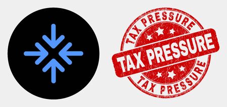 Rounded meeting point arrows icon and Tax Pressure seal. Red rounded textured seal with Tax Pressure text. Blue meeting point arrows icon on black circle.のイラスト素材