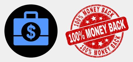 Rounded business case icon and 100% Money Back seal stamp. Red round scratched seal with 100% Money Back text. Blue business case icon on black circle.のイラスト素材