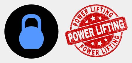 Rounded iron pound icon and Power Lifting seal. Red rounded textured stamp with Power Lifting text. Blue iron pound icon on black circle. Vector composition for iron pound in flat style.のイラスト素材