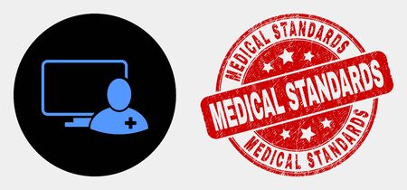 Rounded computer doctor icon and Medical Standards seal stamp. Red rounded distress seal stamp with Medical Standards caption. Blue computer doctor icon on black circle.のイラスト素材