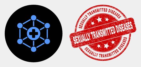 Rounded medical center links icon and Sexually Transmitted Diseases seal. Red rounded scratched seal with Sexually Transmitted Diseases caption. Blue medical center links icon on black circle.のイラスト素材