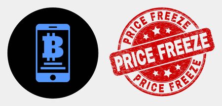 Rounded mobile bitcoin bank icon and Price Freeze seal. Red rounded scratched seal stamp with Price Freeze text. Blue mobile bitcoin bank icon on black circle.のイラスト素材