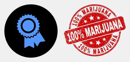 Rounded award seal icon and 100% Marijuana seal stamp. Red rounded textured stamp with 100% Marijuana caption. Blue award seal icon on black circle. Vector composition for award seal in flat style.のイラスト素材