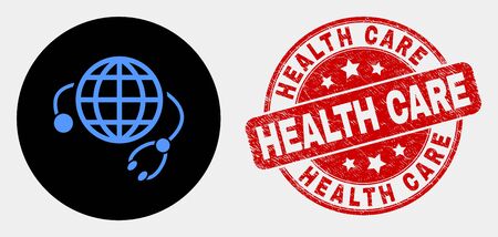 Rounded global medical service icon and Health Care stamp. Red rounded scratched seal stamp with Health Care text. Blue global medical service icon on black circle.のイラスト素材