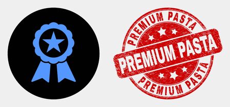 Rounded star seal icon and Premium Pasta seal stamp. Red round scratched seal stamp with Premium Pasta text. Blue star seal symbol on black circle. Vector combination for star seal in flat style.のイラスト素材