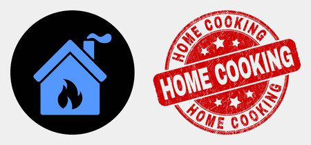 Rounded kitchen building icon and Home Cooking watermark. Red rounded textured seal with Home Cooking caption. Blue kitchen building icon on black circle.のイラスト素材