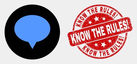 Rounded banner balloon pictogram and Know the Rules! seal. Red rounded grunge seal stamp with Know the Rules! text. Blue banner balloon symbol on black circle.のイラスト素材