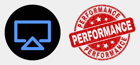 Rounded display icon and Performance seal stamp. Red rounded grunge stamp with Performance text. Blue display icon on black circle. Vector composition for display in flat style.のイラスト素材