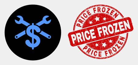 Rounded repair price pictogram and Price Frozen stamp. Red rounded distress stamp with Price Frozen caption. Blue repair price symbol on black circle.のイラスト素材