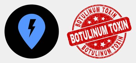 Rounded electric map marker pictogram and Botulinum Toxin seal stamp. Red round distress seal stamp with Botulinum Toxin caption. Blue electric map marker icon on black circle.のイラスト素材