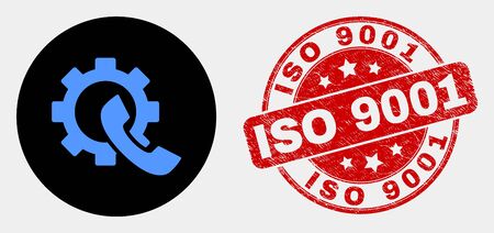 Rounded phone receiver gear icon and ISO 9001 watermark. Red round textured watermark with ISO 9001 caption. Blue phone receiver gear icon on black circle.のイラスト素材